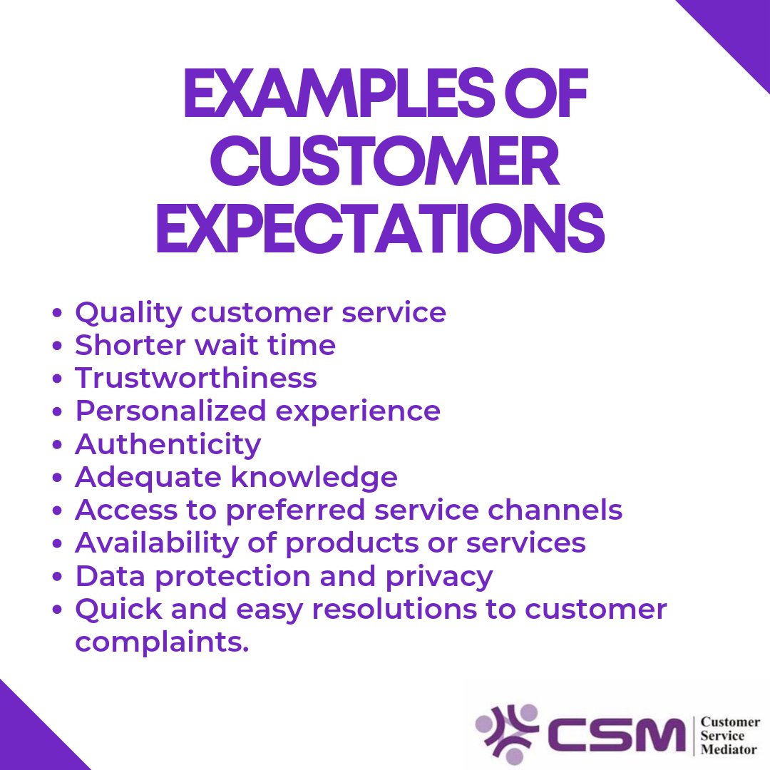 EXAMPLES OF CUSTOMER EXPECTATIONS 

1. Quality customer service.
2. Shorter wait time.
3. Trustworthiness.
4. Personalized experience.
5. Authenticity.
6. Adequate knowledge.

#customerexpectation #csm #customercentric #cx
