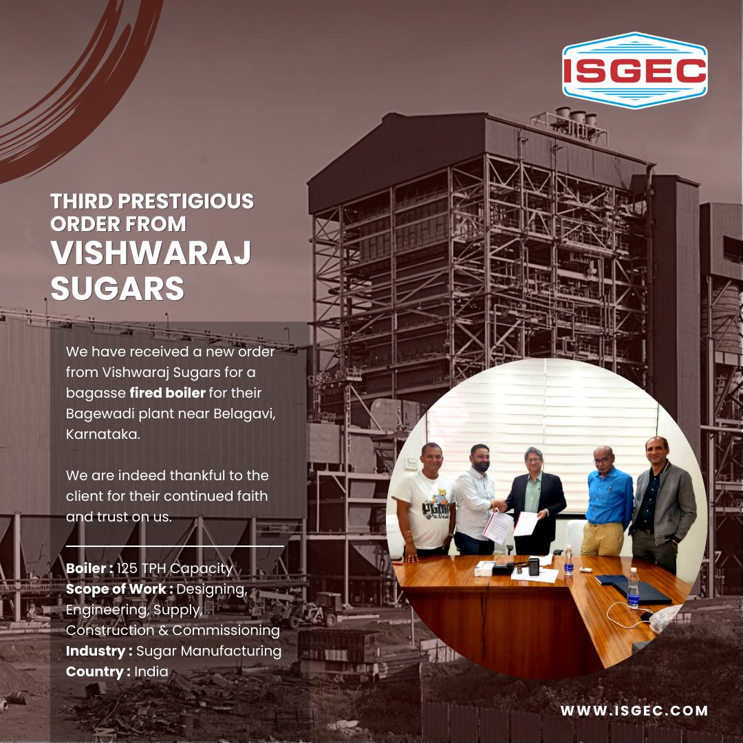 Isgec_engg's tweet photo. @Isgec_engg has received a new order from Vishwaraj Sugars located in Karnataka for 125 TPH capacity bagasse fired boiler. 

We are thankful to the client for their continued faith and trust on us.

#Isgec #EngineeringForExcellence #IsgecBoiler
#IsgecHeavyEngineering
#FiredBoiler https://t.co/qJCxWI5ASG