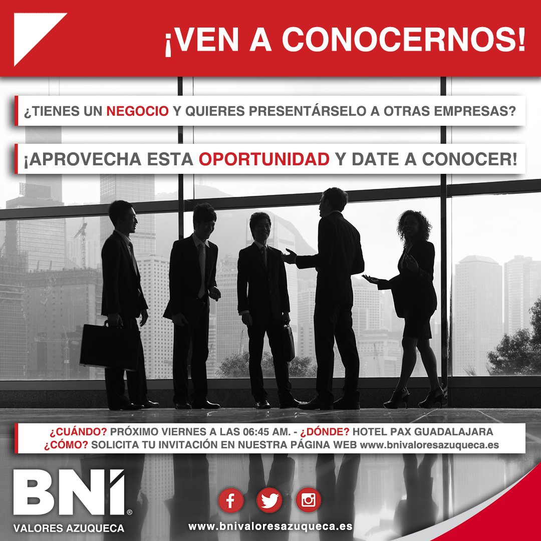 BniValoresAzu's tweet photo. 💼¿Tienes un #negocio y quieres presentárselo a otras empresas?

👉¡Aprovecha esta #oportunidad y date a conocer!

▶ Solicita tu #invitación para este #viernes en https://t.co/poRx17cjOu

🌟¡Vive la #ExperienciaValores!🌟 
#SéValores #NetworkingAzuqueca #OtraFormaDeHacerNegocios https://t.co/57m9QuZZOh