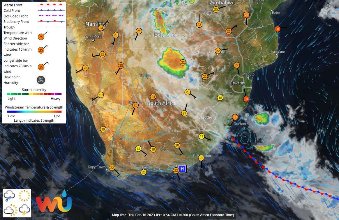Dullsweather's tweet photo. Dullstroom 16/02 09h15: With a stalled cold front off the east coast and a gentle mostly NE'ly breeze we can expect an overcast, cool, wet weekend starting from this evening already. Morning low cloud/fog on the cards too. On/off thunder/rain showers expected through the period. https://t.co/Vl3Thlk2JC