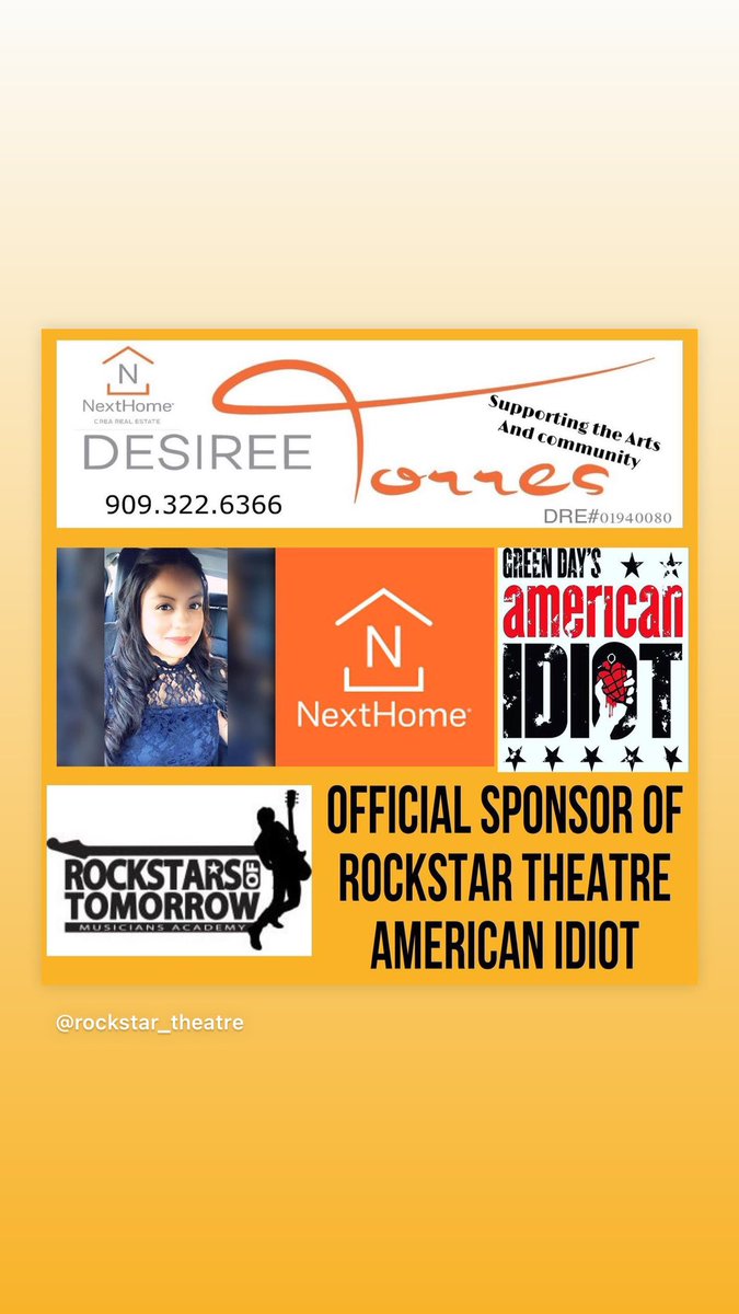 desiree_torres's tweet photo. Excited to be an official sponsor of Rockstar Theatre American Idiot Musical 🤘🏼A Must See 👀 Show.
Shows start April 1st and will run for 3 weekends straight DM me for 🎟️🎟️🎟️
#americanidiotmusical #rockstarsoftomorrow #musicaltheatre #nexthomecrea #sponsor #arts #community https://t.co/xJ0UuvIx5p