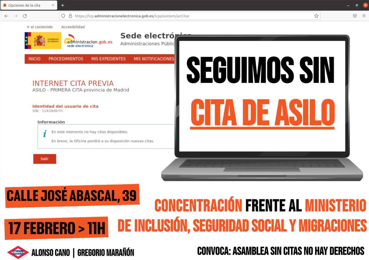 CoordiBarrios's tweet photo. Porque #SinCitasNOHAYDerechos mañana lo recordaremos en la puerta del Ministerio de Migraciones (José Abascal, 39) a 11:00h

@desdelamoncloa ignora la conculcación que supone no poder solicitar Asilo. No vale sólo ofrecer acogidas tácticas por intereses partidistas.  #indolentes https://t.co/WDX4EYlITv