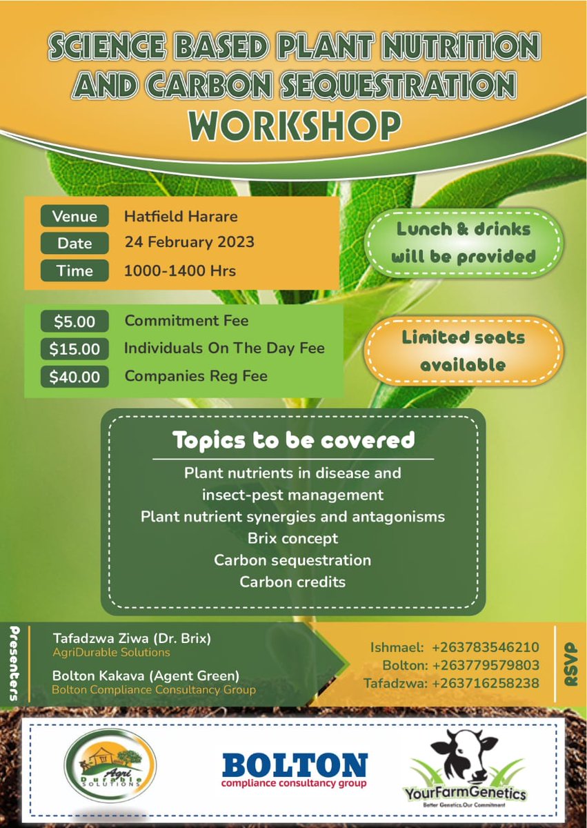 One not to miss *Science Based Plant Nutrition ✅Plant nutrients in disease & insect-pest management ✅ Plant nutrient synergies ✅Brix concept ✅Carbon sequestration ✅Carbon credits @ndakaripa @basera_john @ProsperBMatondi @mrLethario @chareka_manu #Farmingisascience