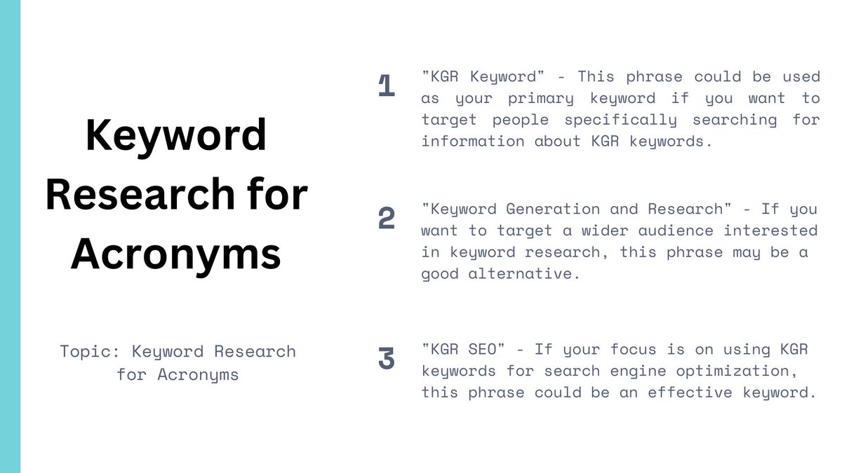 DigiLillian's tweet photo. "Finding relevant keywords for "KGR", a short and unique acronym, can be challenging. Here are some suggestions to help you."
#bloggingexpert #onlinemarketingexperts 
#digitalmarketingexpert #SEO #GoogleAds #Web 
#OnlineMarketing https://t.co/pSg5hQkvcg