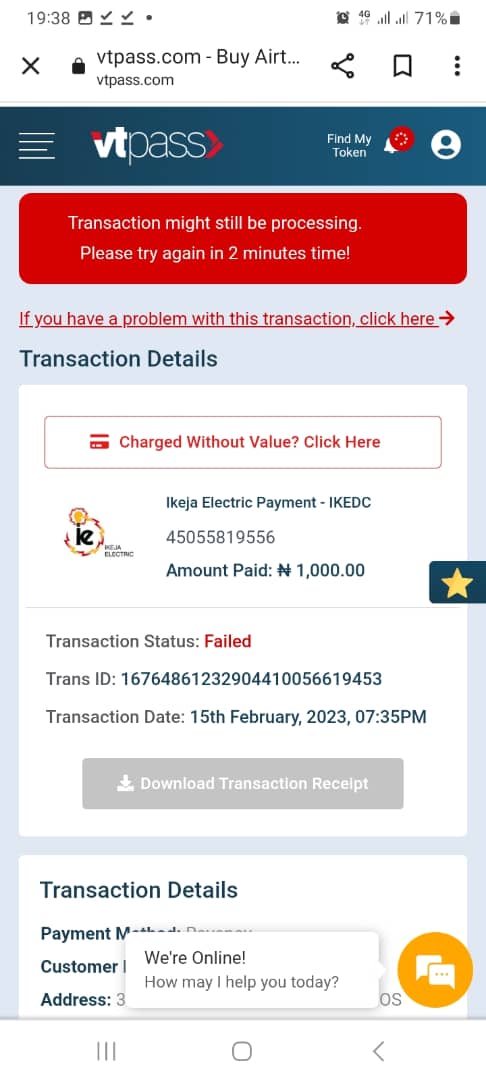 yeyemite's tweet photo. @vtpass I have been debited and no token was generated for me .... kindly assist https://t.co/EPEubspq5q