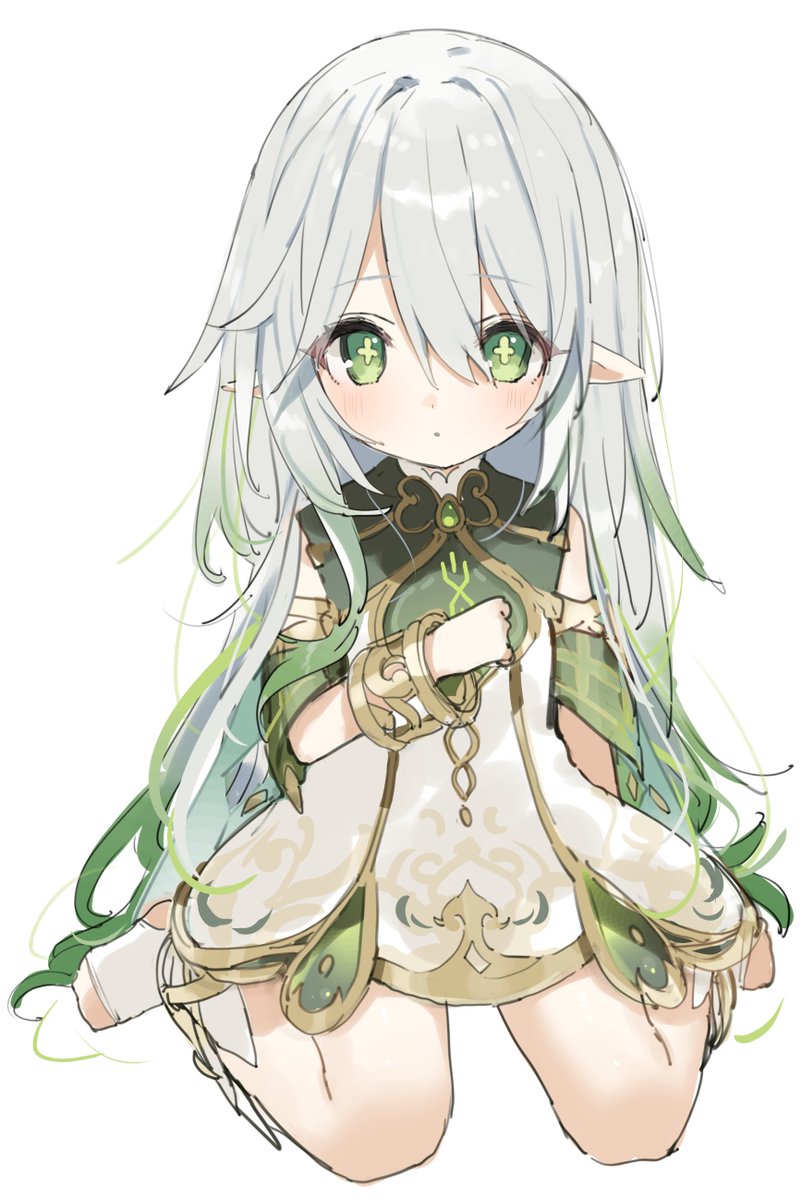nahida (genshin impact) 1girl solo green eyes pointy ears dress long hair white background  illustration images