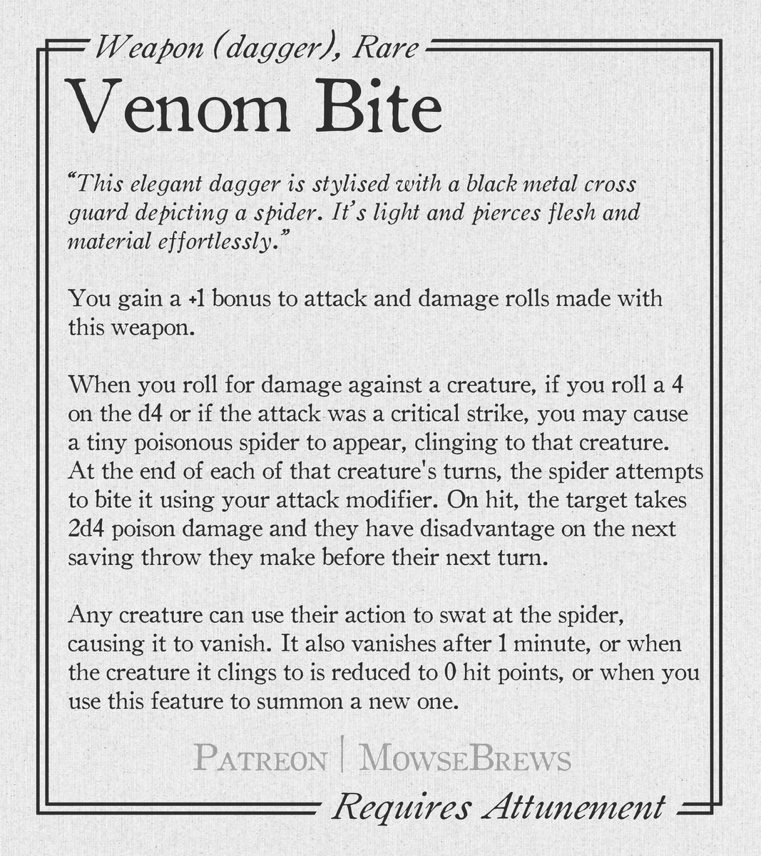 mowseBrews's tweet photo. @MeditatingMunky Good morning Munky! I'm Mowse and I'm designing and illustrating 5e magic items!

I post one weekly for free here and a bonus each week for patrons!

Would love to get some more eyes on my work, come check it out :D https://t.co/ShOHsTmC5U