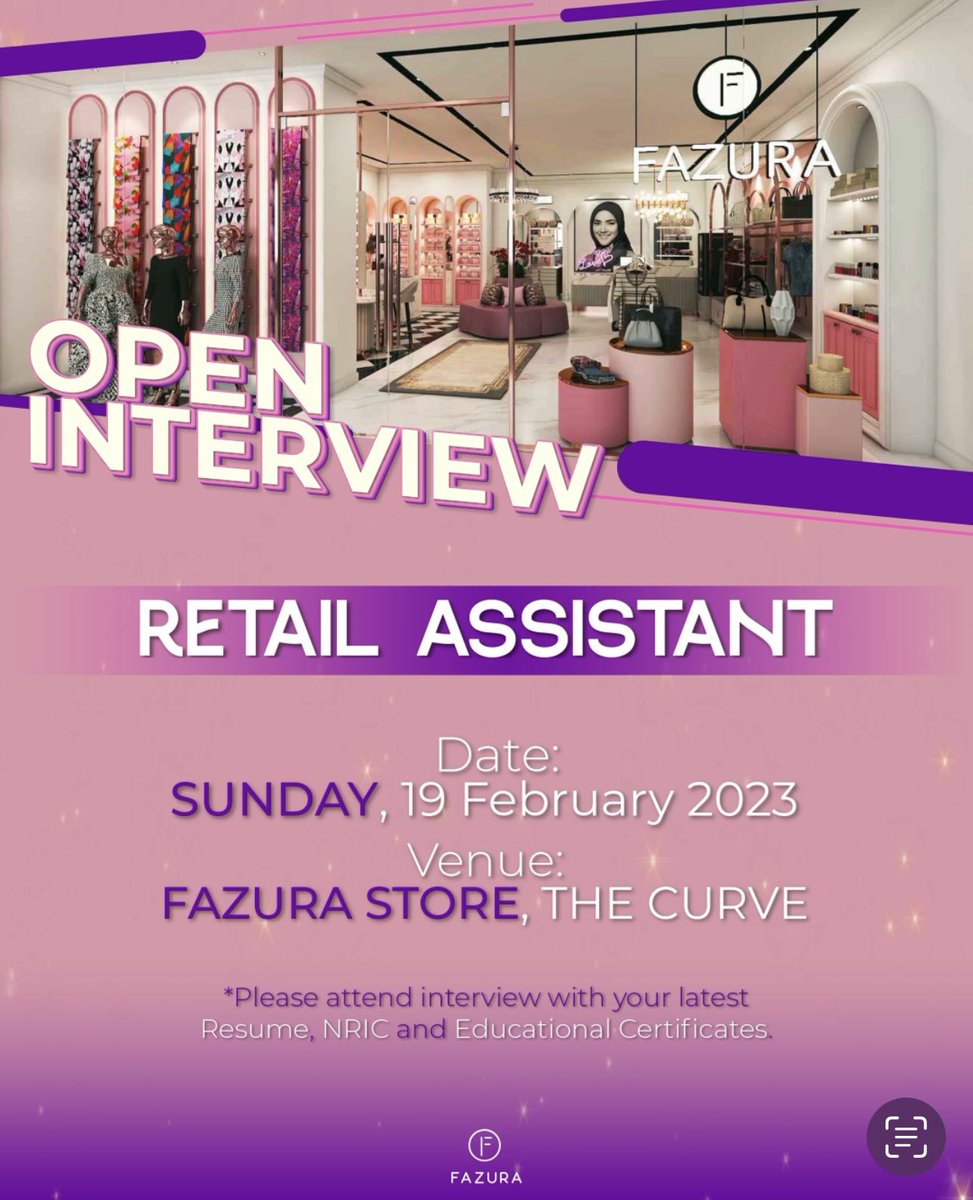 myfazura's tweet photo. Kami mencari Retail Assistant untuk outlets kami. Jom datang interview pada hari Ahad ini, 19 Feb 2023 bermula jam 11 pg hingga 3 ptg.
Terbuka kpd wanita & lelaki umur 18 thn - 35 thn. Jangan lupa bawa salinan IC dan resume sekali ok! 🥰
#JawatanKosong #RetailAssistant #FAZURA https://t.co/aoPbSmFjLZ