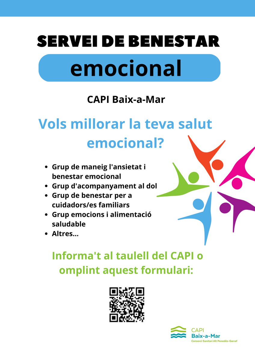 Consorci Sanitari Alt Penedès-Garraf (@csapg_) on Twitter photo El <a href="/CAPIBaixaMar/">CAPIBaixaMar</a> <a href="/csapg_/">Consorci Sanitari Alt Penedès-Garraf</a> compta amb un Servei de Benestar Emocional Comunitari que té com a objectiu la promoció i la prevenció del benestar emocional de la seva població de referència.
Consulta + info sobre les trobades gruals que organitza el sevei! 👉bit.ly/3YYFBxn El <a href="/CAPIBaixaMar/">CAPIBaixaMar</a> <a href="/csapg_/">Consorci Sanitari Alt Penedès-Garraf</a> compta amb un Servei de Benestar Emocional Comunitari que té com a objectiu la promoció i la prevenció del benestar emocional de la seva població de referència.
Consulta + info sobre les trobades gruals que organitza el sevei! 👉bit.ly/3YYFBxn