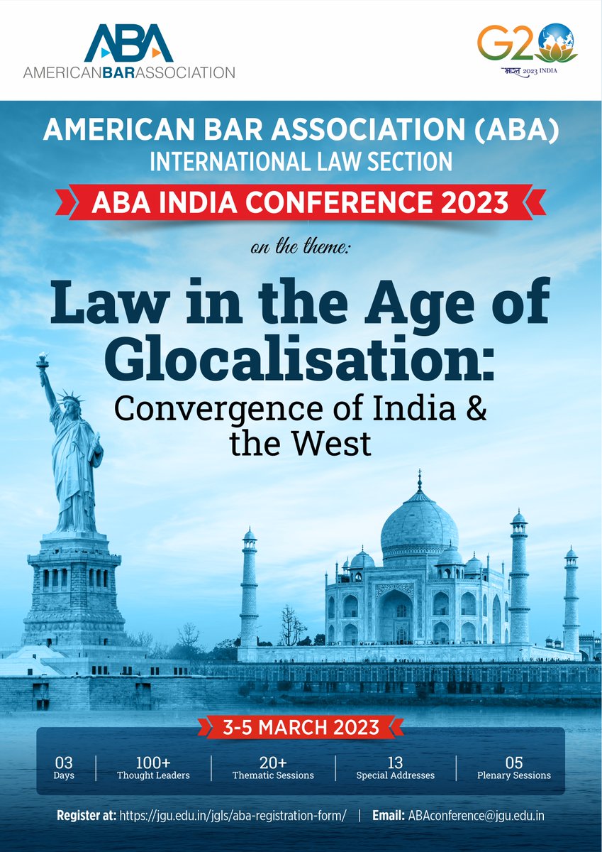 JindalGlobalUNI's tweet photo. #ABAIndiaConf2023 from March 3-5th in New Delhi, bringing together leading legal practitioners, academicians&amp; scholars to exchange and share their experiences on all aspects of the present and future of legal profession.#G20India 
@barandbench @LiveLawIndia @LegallyIndia @g20org https://t.co/KWLn1JKvgZ