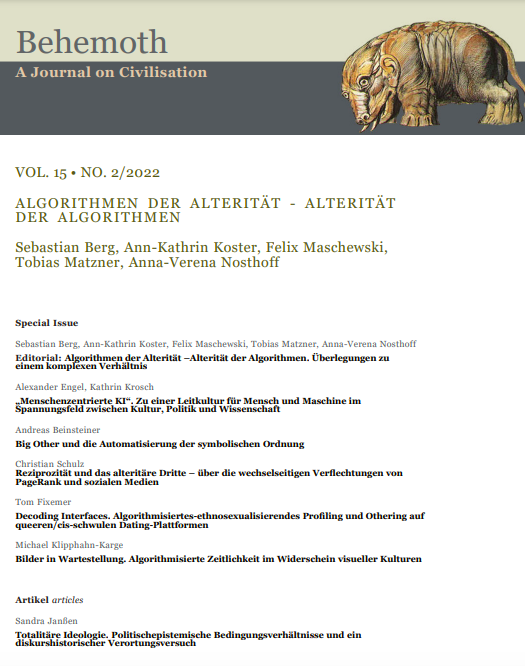FMaschewski's tweet photo. Wir freuen uns! Unser Special Issue "Algorithmen der Alterität – Alterität der Algorithmen" @Behemoth_Jour ist erschienen (eds. @sebezero, @annkako06, @t_matzner, @annanosthoff). Großer Dank an die Autor:innen, die Gutachter:innen und redak. Begleitung. https://t.co/cfk8zQ4L1z https://t.co/cPddrWiwPq