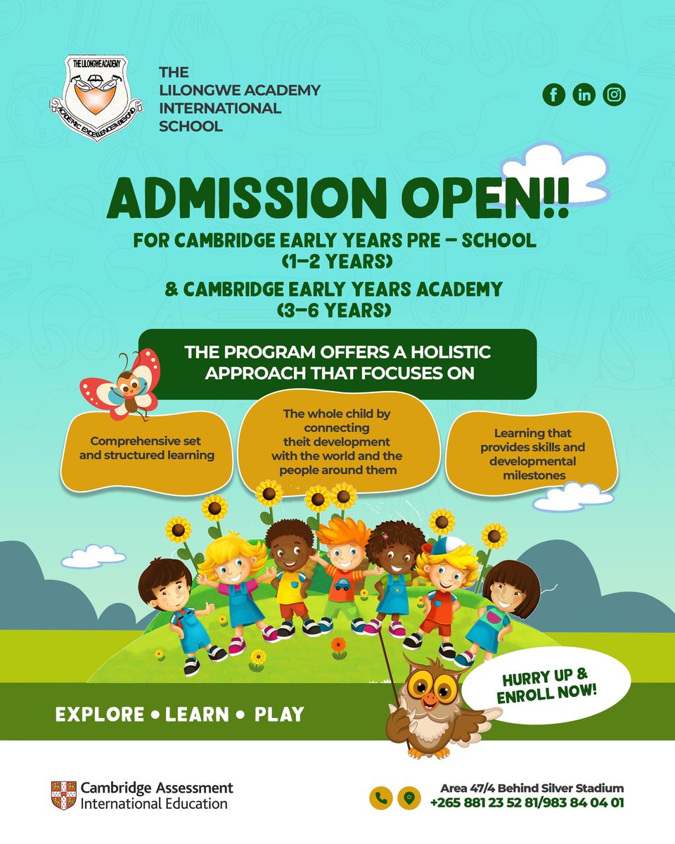 LilongweAcademy's tweet image. ENROLLMENT IS STILL HAPPENING!🥳

Join The Lilongwe Academy International School and give your child the best start in their educational journey with our Cambridge Early Years. 
Register now!

Check the thread for the link!

#cambridgelearning #thelilongweacademy #cambridgeeyp