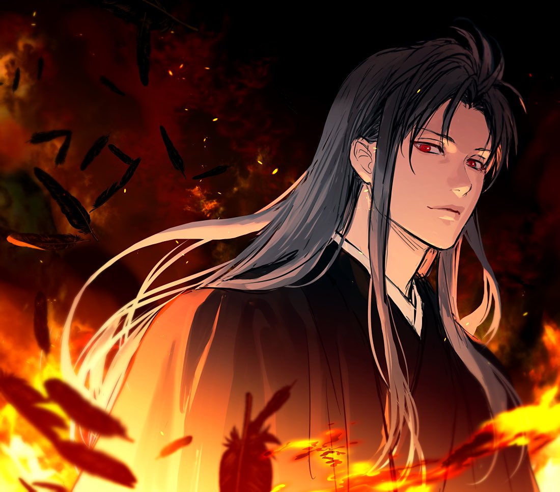 1boy male focus long hair red eyes solo black hair feathers  illustration images