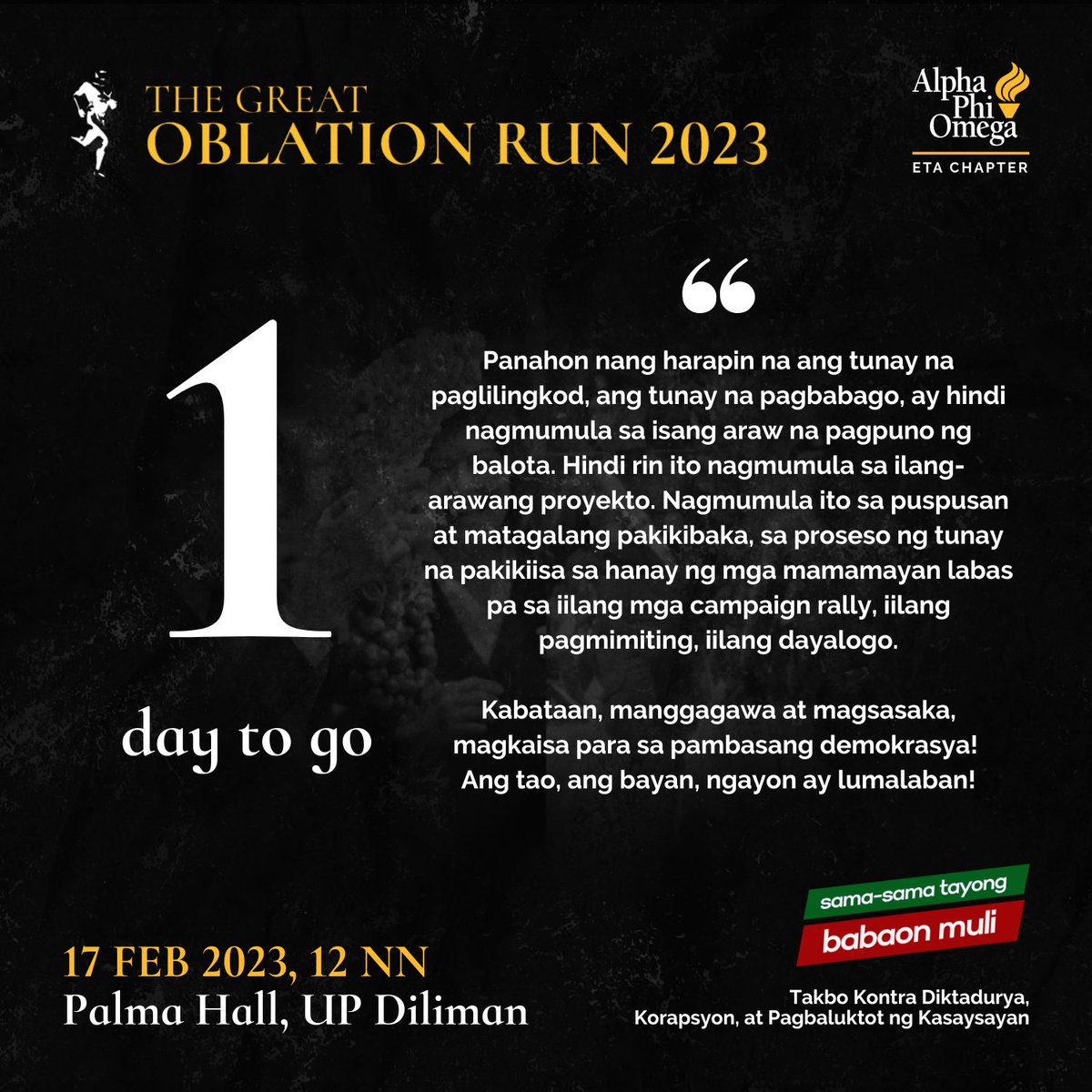 Sama-sama tayong babaon muli.

Basahin ang buong pahayag dito: facebook.com/UPAPOOblationR…

Kabataan, manggagawa at magsasaka, magkaisa para sa pambasang demokrasya! 
Ang tao, ang bayan, ngayon ay lumalaban!

#OblationRun2023
#SamaSamaTayongBabaonMuli
#NeverForget