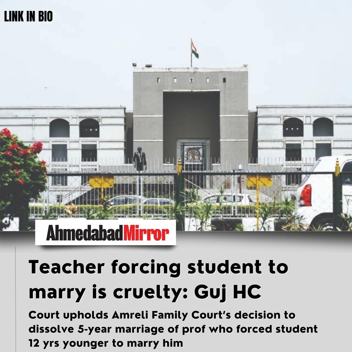 ahmedabadmirror's tweet photo. Teacher forcing student to marry is cruelty: Guj HC
#student #Teacher #GujHC #FamilyCourt #marriage #new #viral #viralnews #ahmedabadmirror #ahmedabadmirrorofficial #newspaper #breakingnews #englishnewspaper #ahmedabad #gujarat #india #trending #facebook https://t.co/mPRRzLGbeu