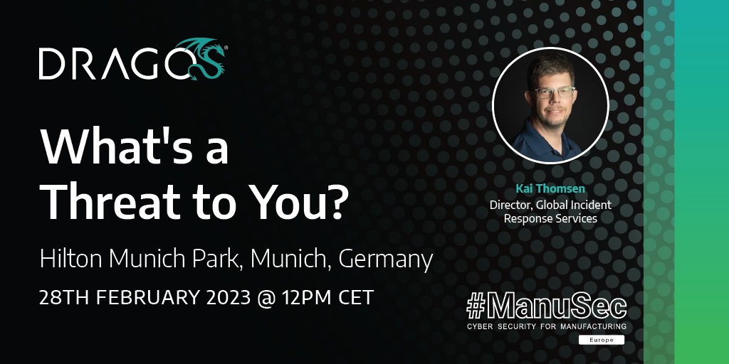 Headed to #ManuSec Europe? Mark your calendars to come hear Dragos Director of Global Incident Response Services Kai Thomsen speak on “What’s a Threat to You?” on 28 February at 12:00 PM CET. Register for the event at: hubs.la/Q01CwlKS0 #ICSsecurity #OTsecurity