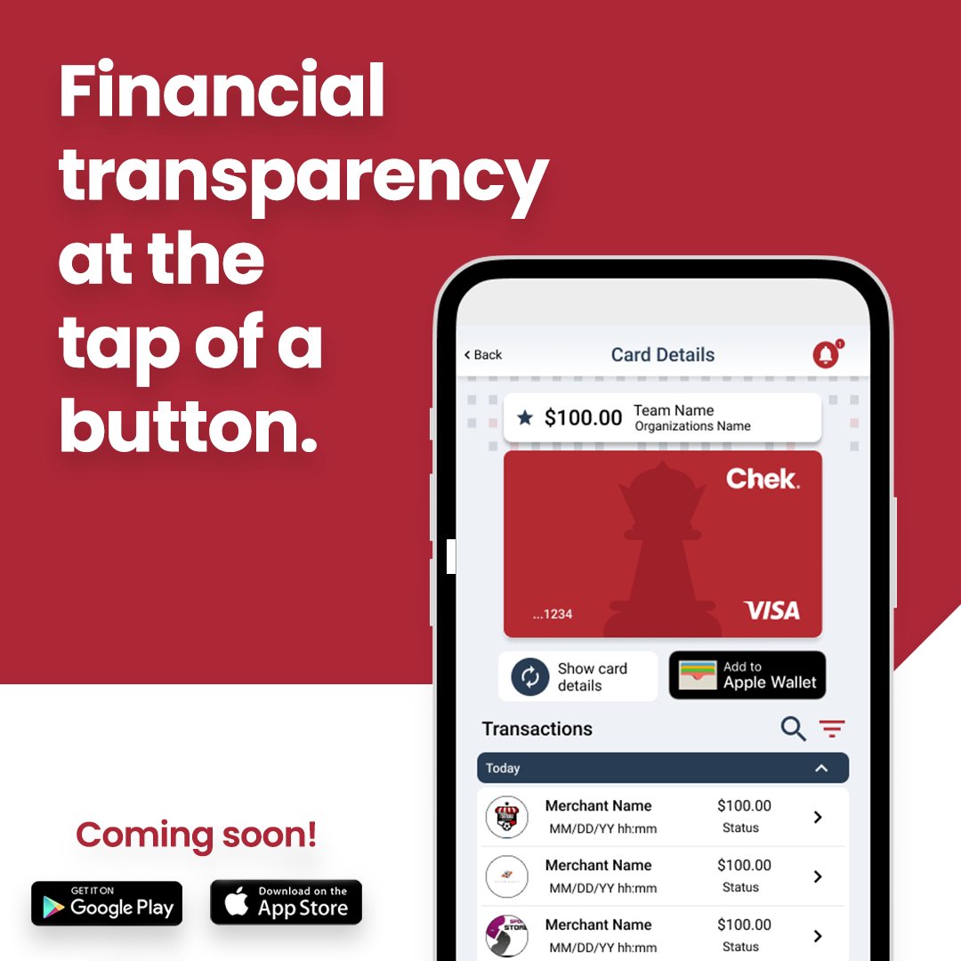 ChekSpend's tweet photo. Say goodbye to financial uncertainty and hello to complete transparency with Chek's new mobile app! At the tap of a button, you can now have a clear and detailed view of your organization's finances like never before. Coming soon! #fintech #financialtransparency #Chek https://t.co/2hVU9vqJZU