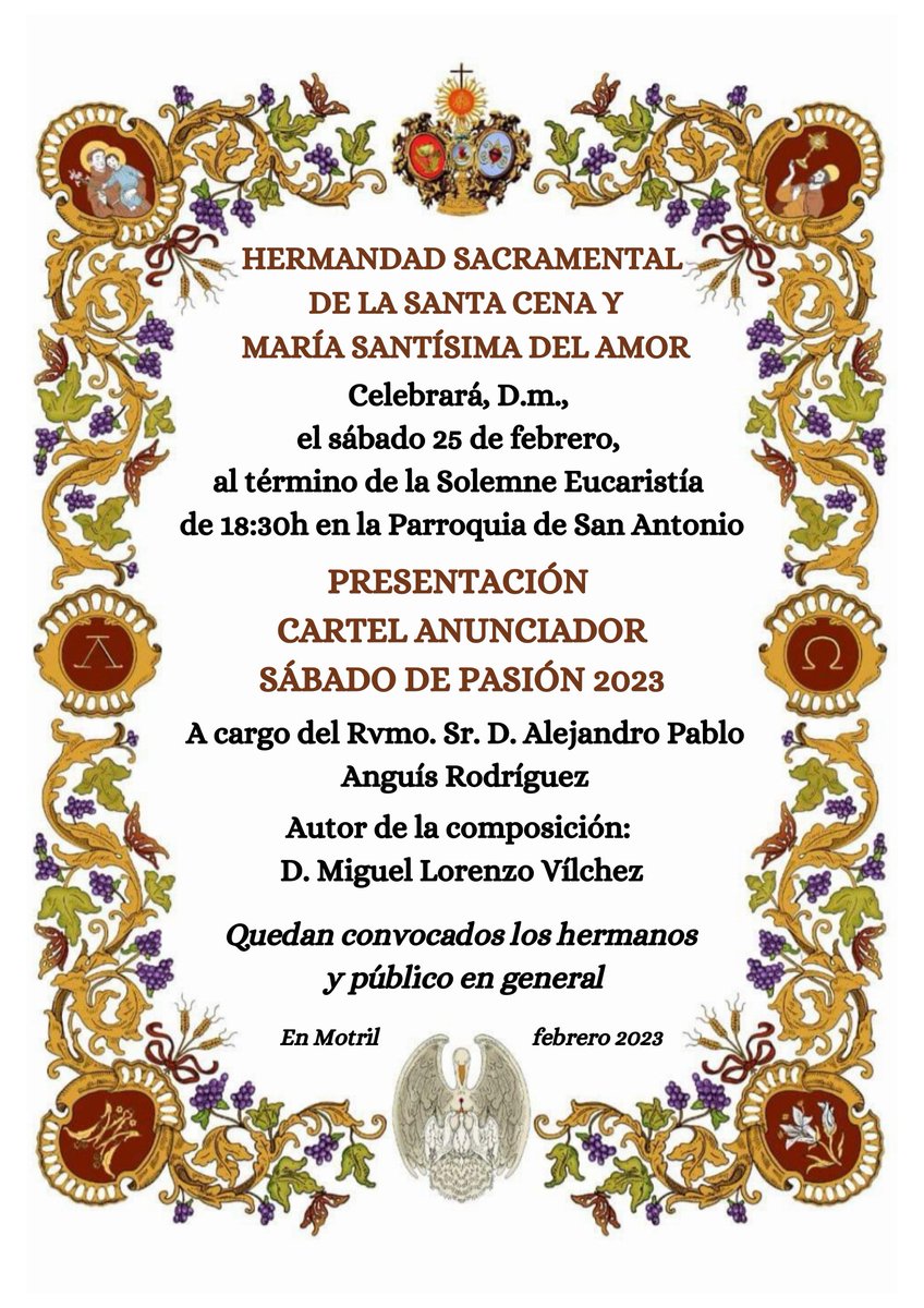 PRESENTACIÓN CARTEL ANUNCIADOR SÁBADO DE PASIÓN 2023

La presentación será realizada por el Rvo. Sr. D. Alejandro Pablo Anguís Rodríguez.

📅 Sábado 25 de febrero 2023
🕐 al término de la Solemne Eucaristía de 18:30h.
📍 Parroquia de San Antonio de Padua