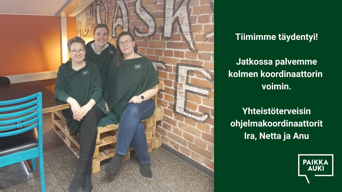 Iloisia uutisia! 

Tiimimme yhteystiedot löydät täältä: paikka-auki.fi/koordinaatioti…

#paikkaauki #nuortenystävät #koordinaatiotiimi #steatekoja