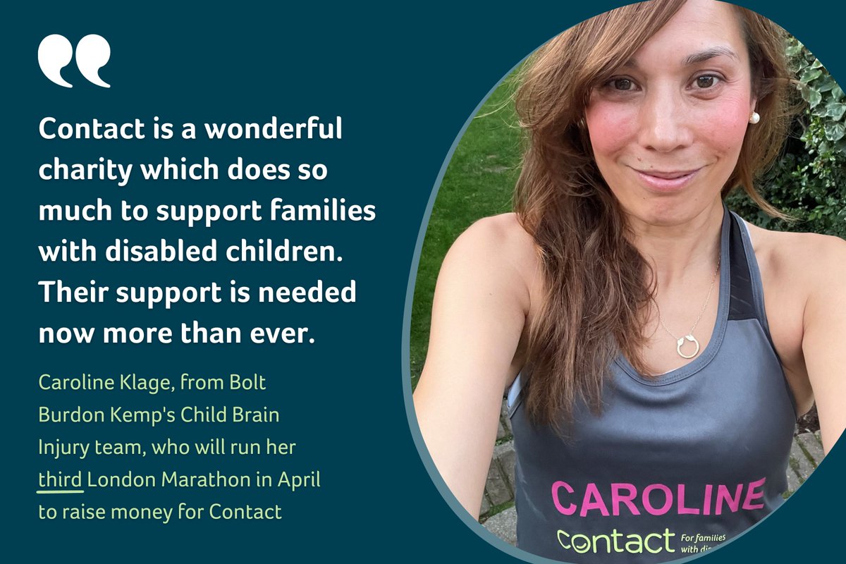 The wonderful <a href="/CarolineKlage/">Caroline Klage</a> from <a href="/BoltBurdonKemp/">Bolt Burdon Kemp</a> is running her THIRD London Marathon for Contact in support of families with disabled children. She raised a huge £5k the first time, so we can't wait to see what she will achieve now!

Come join our team: contact.org.uk/marathon