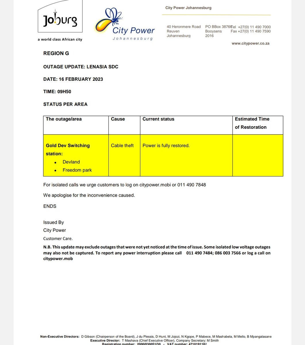 CityPowerJhb's tweet photo. Region G #Lenasia
Power is fully restored to customers who were affected by #Devaland #FreedomPark outage.
Thank you so very much Jo'burg for your patience and understanding.
#SaveEnergyJHB ^DR https://t.co/Y3g9qNBxNb