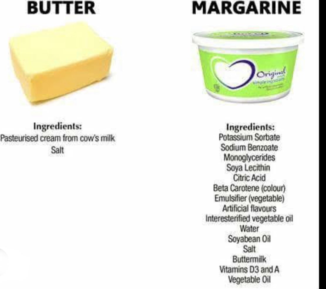 Subtle reminder that Margarine is not Butter! Margarine just “wanna be”, but it cannot even come close. Stop taking Margarine, stop even using it in a sentence as replacement for butter, it’s disrespectful! Margarine is Unhealthy!❤️