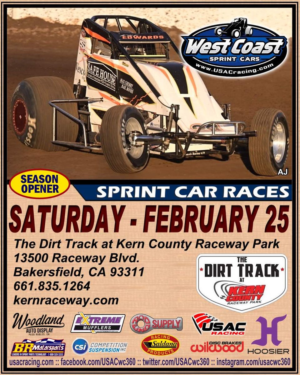 USACwc360's tweet photo. On Saturday, February 25th, the USAC West Coast Sprint Cars will open their season at The Dirt Track at Kern County Raceway Park. 

#USAC #USAC360 #usacnation #usacracing #usacwestcoast #usacwestcoastsprints #usacsprints #sprintcar #usacsprintcar #360sprintcar #sprintcars https://t.co/x1Vx81aRrd