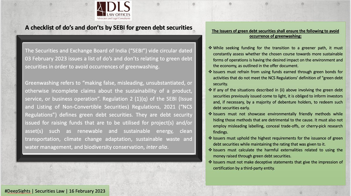 Dipti Lavya Swain (@diptilavyaswain) on Twitter photo SEBI issues a list of do’s and don’ts relating to green debt securities to avoid greenwashing occurrences.
#DeepSights #legalupdate
<a href="/DLSLawOfficesIN/">DLS Law Offices</a> SEBI issues a list of do’s and don’ts relating to green debt securities to avoid greenwashing occurrences.
#DeepSights #legalupdate
<a href="/DLSLawOfficesIN/">DLS Law Offices</a>