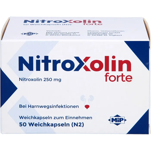 Caja de nitroxolin forte (250 mg) de medicamento. Para infecciones de vejiga. Está en alemán.