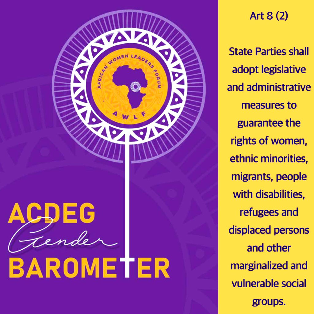 AfriWomenLead's tweet photo. Art 8 (2) of the African Charter on Democracy, Elections &amp; Governance provides that state parties adopt legislative and administrative measures to guarantee the rights of women &amp; other vulnerable social groups.

#ACDEG #ACDEGGenderBarometer

@unwomenafrica @AU_ECOSOCC @glanyline https://t.co/DJFY4jtVNw