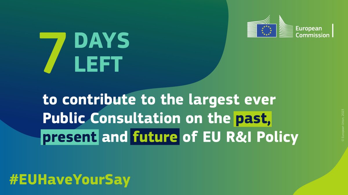 Only7⃣days left to participate in the largest public consultation on the EU's #research & #innovation policy! Have your say today - your input will help shape the future of research🇪🇺 🗣️europa.eu/!MvdQjQ #EUHaveYourSay #HorizonEU