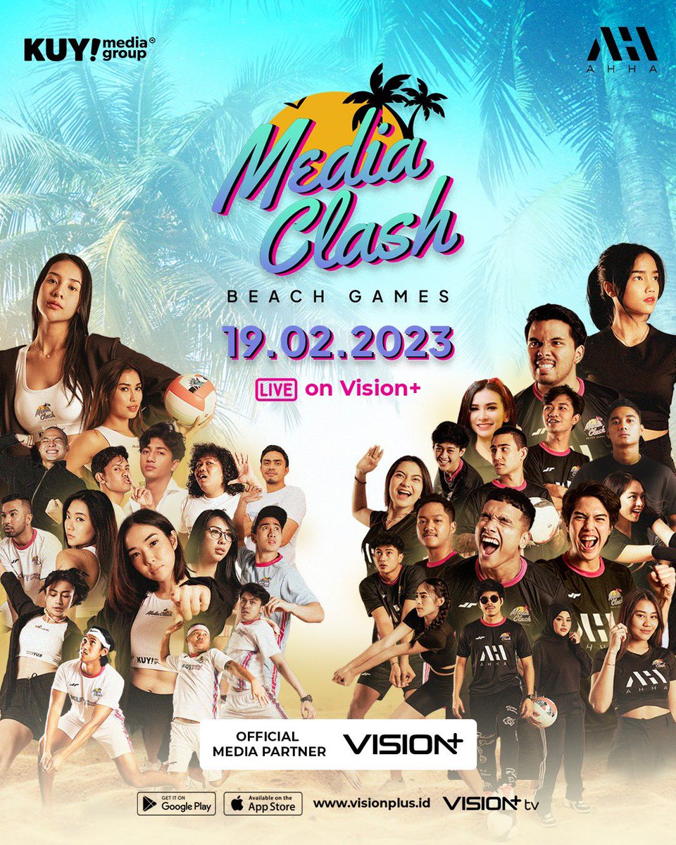 OfficialRCTI's tweet photo. Apakah kamu sudah siap untuk MEDIA CLASH: BEACH GAMES akhir pekan ini?
Siapa nih jagoan kamu? #TimKUY atau #TimAHHA?
Saksikan keseruannya secara LIVE di @visionplusid dan jangan lupa untuk upgrade akunmu ke Vision+ Premium with Sports
#VisioPlus #KUYMediaGroup #MediaClash https://t.co/jLdRoSXAvk