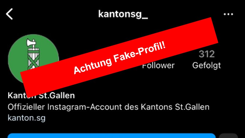 Achtung Fake-Profil auf Instagram!⚠️

- Unser Instagram-Profilname lautet kantonsg.
- Unser Profil ist öffentlich.
- Wir verschenken keine iPhones per DM.

Bitte dem Fake-Profil kantonsg_ nicht folgen und nicht auf Direktnachrichten antworten.