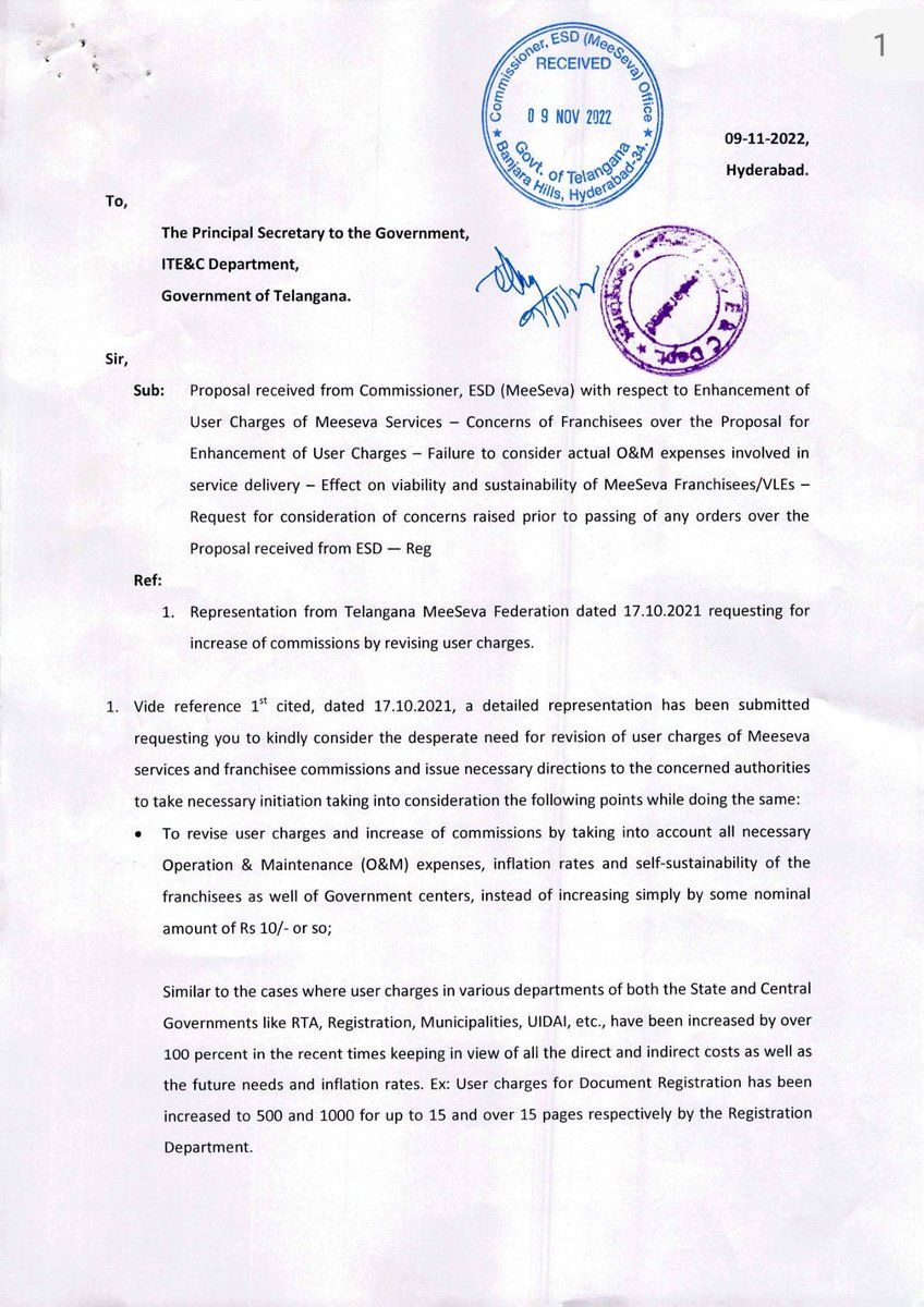 TsMeeseva_Asso's tweet photo. @TelanganaCMO @TelanganaCS @MinisterKTR @BRSHarish @jayesh_ranjan Sir/Madam, kindly take initiation for enhancement of User Charges &amp; commissions to franchisees for services delivered through Meeseva taking into consideration the concerns raised through this letter. 1/2 https://t.co/wkzo0mTlAY