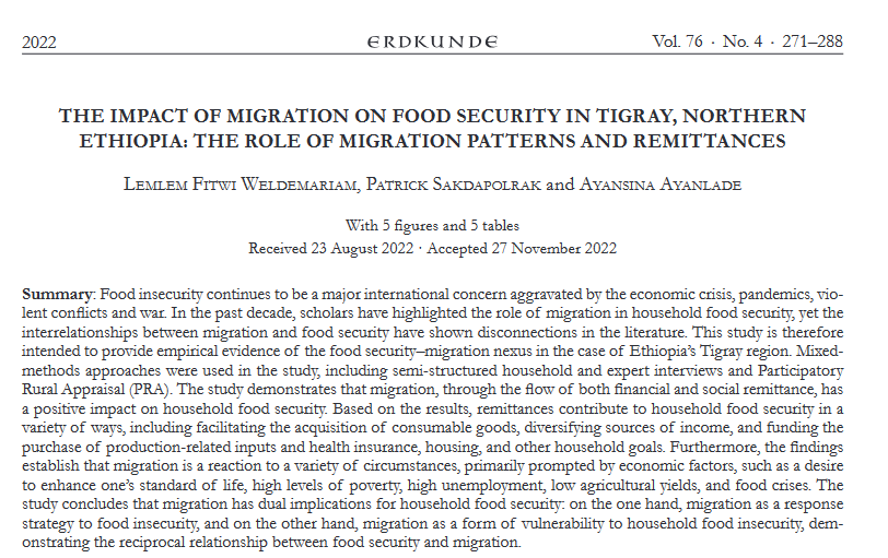 Just published: 'The impact of #migration on #foodsecurity in Tigray, Northern #Ethiopia: The role of migration patterns and #remittances' by Lemlem Waldemariam & Ayansina Ayanlade and me in @ErdkundeJournal bit.ly/3xjlXA7 @TransForm_Res @MobilityStudies @univienna