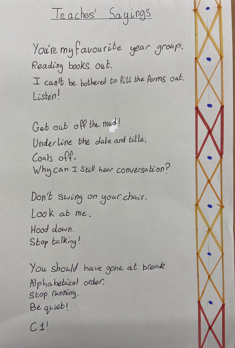 BerwickMiddle's tweet photo. @MichaelRosenYes Year 8 were inspired by your ‘Parents’ Sayings’ to create their own ‘Teachers’ Sayings’ - what do you think? https://t.co/nQQgGf3Jg2