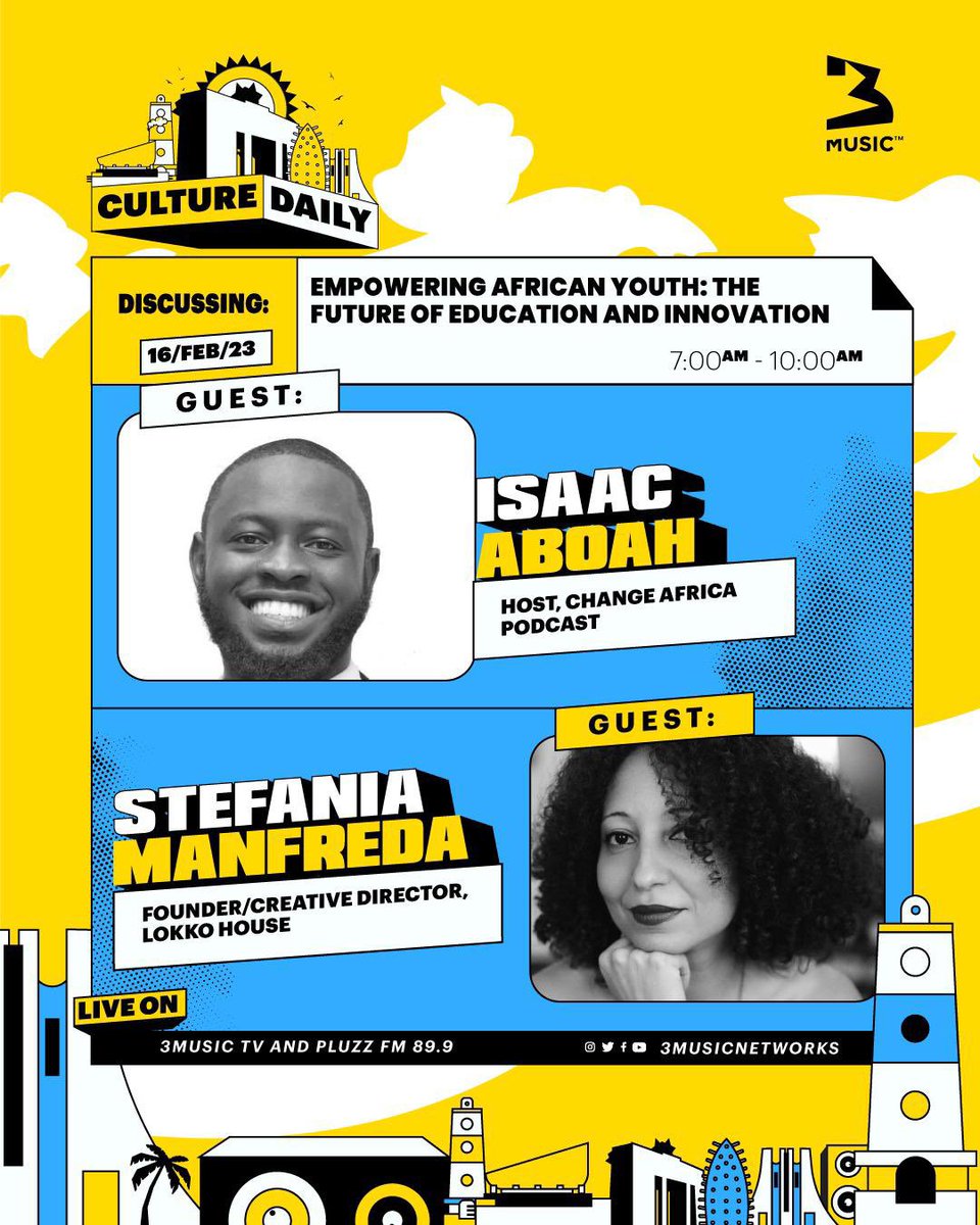 I’m on the <a href="/3musicnetworks/">3Music TV</a> today to discuss education and the <a href="/changeafricapod/">Change Africa Podcast</a> special edition with <a href="/TedxAccra/">TEDxAccra Official</a> with <a href="/lokkohouse/">Home of Urban Culture</a> founder and guest on the new series, Stefania Manfreda. Tune in!