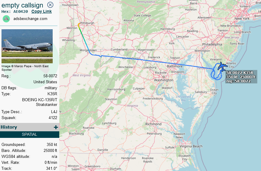 SirListenalot's tweet photo. #KC135 #AE0420 as #ROMA91 on a round trip out of Pittsburgh about to pick up #TREND41 (who are in the climb to FL260 now, out of ... ? ) https://t.co/zgq37094ro