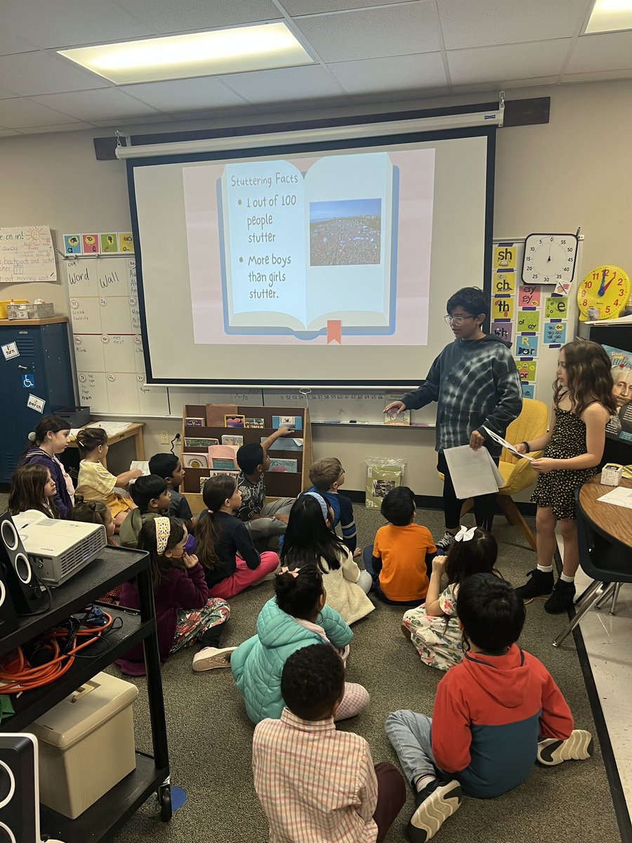 So proud of these 3rd and 4th grade leaders giving a presentation on stuttering to Ms. Homiller’s 1st grade class! Thank you for bringing awareness and support to our stuttering community at Rutledge. ❤️ #1LISD #stutteringawareness