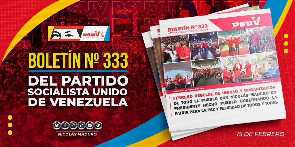 NicolasMaduro's tweet photo. ¡Febrero Rebelde, de unidad y organización! Es la edición N° 333 del Boletín informativo del @PartidoPSUV. Juramentaciones, mensajes, líneas y recomendaciones. ¡Pueblo Movilizado y en Victoria! ¡Lee y comparte! ==> https://t.co/ygwevB4dFF https://t.co/Ic1PmmpQLn