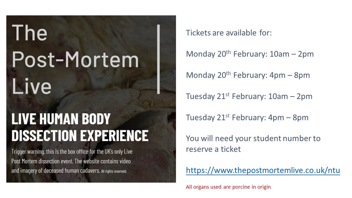 Final chance to book onto the "Post Mortem Live" experience when it visits the NTU campus next week. You can register to attend by following this link: thepostmortemlive.co.uk/ntu