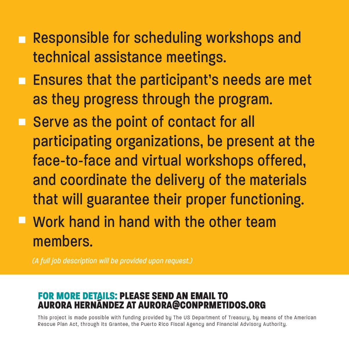 ¿Tienes experiencia en Coordinación de Proyectos? 
Buscamos una persona que pueda apoyarnos en la coordinación de talleres y asistencia técnica, así como en la evaluación de necesidades y el progreso de nuestros participantes. Si te interesa, escribe a: aurora@conprmetidos.org.