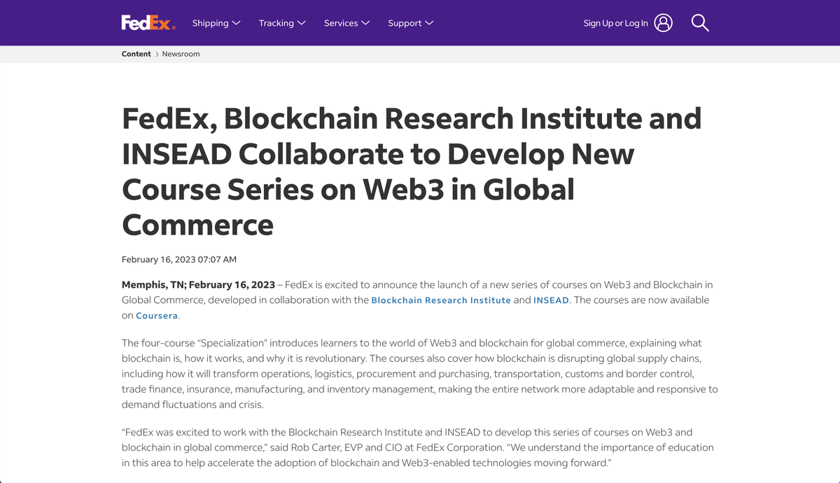 Great article by <a href="/FedEx/">FedEx</a> discussing our new course series on Web3 and blockchain in global commerce! Thanks to Dale Chrystie and Rob Carter for their steadfast leadership and support! bit.ly/3KdnkrR