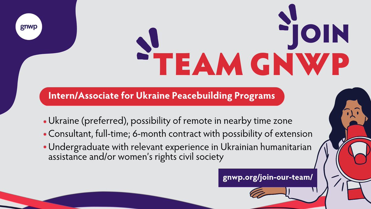 gnwp_gnwp's tweet photo. 🚨Apply now!

GNWP is recruiting an Intern/Associate for Ukraine Peacebuilding Programs🇺🇦 to take part in #WPS and #YPS advocacy 📣, research 🕵️‍♀️ and programmatic 📍work in Ukraine

Full position here ➡️https://t.co/Sx1CmwVdHC
📨 Deadline to apply is 3 March https://t.co/xOJSaEytiN