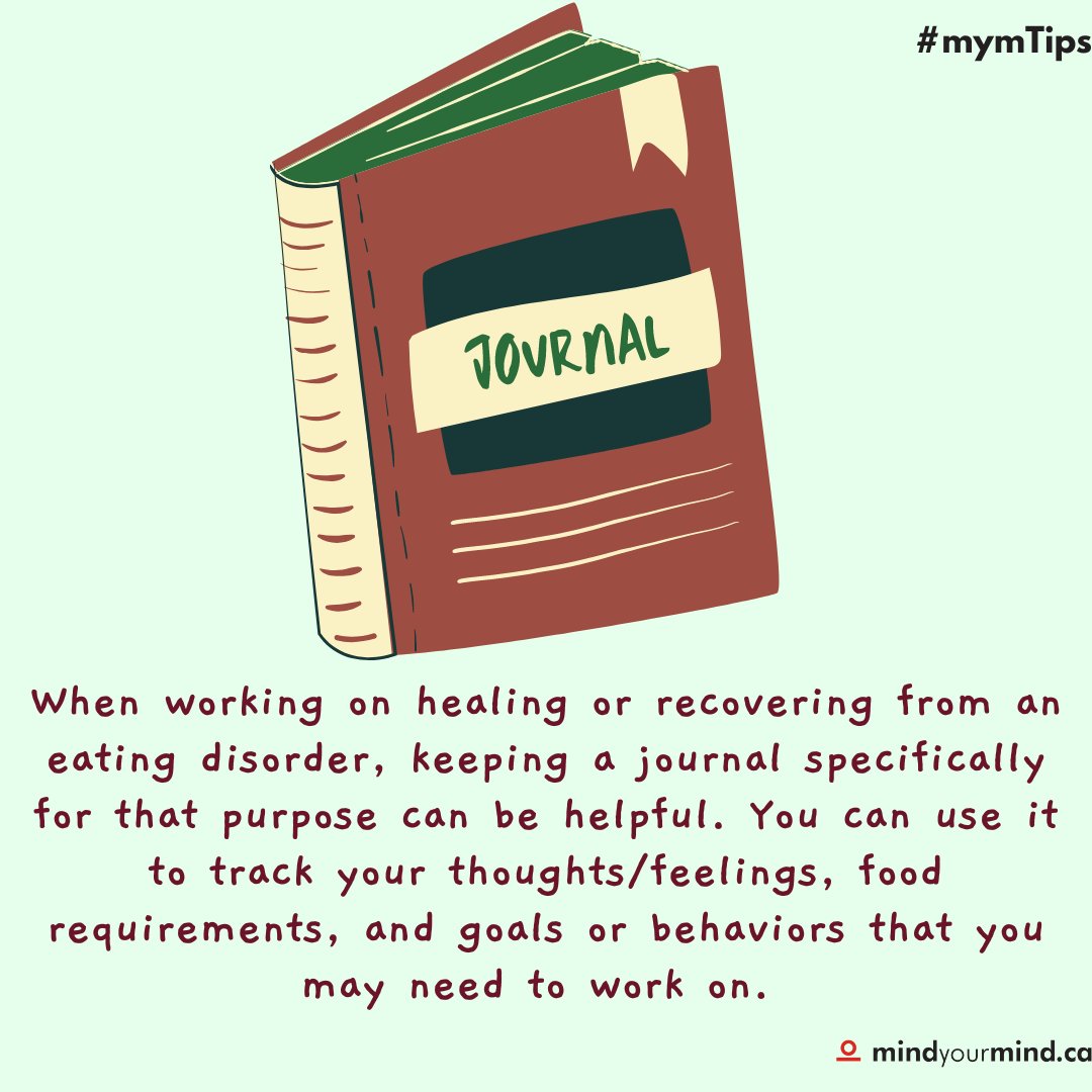 mindyourmind_ca's tweet image. When working on healing or recovering from an eating disorder, keeping a journal specifically for that purpose can be helpful. You can use it to track your thoughts/feelings, food requirements, and goals or behaviors that you may need to work on. #mymTips #EDAW2023