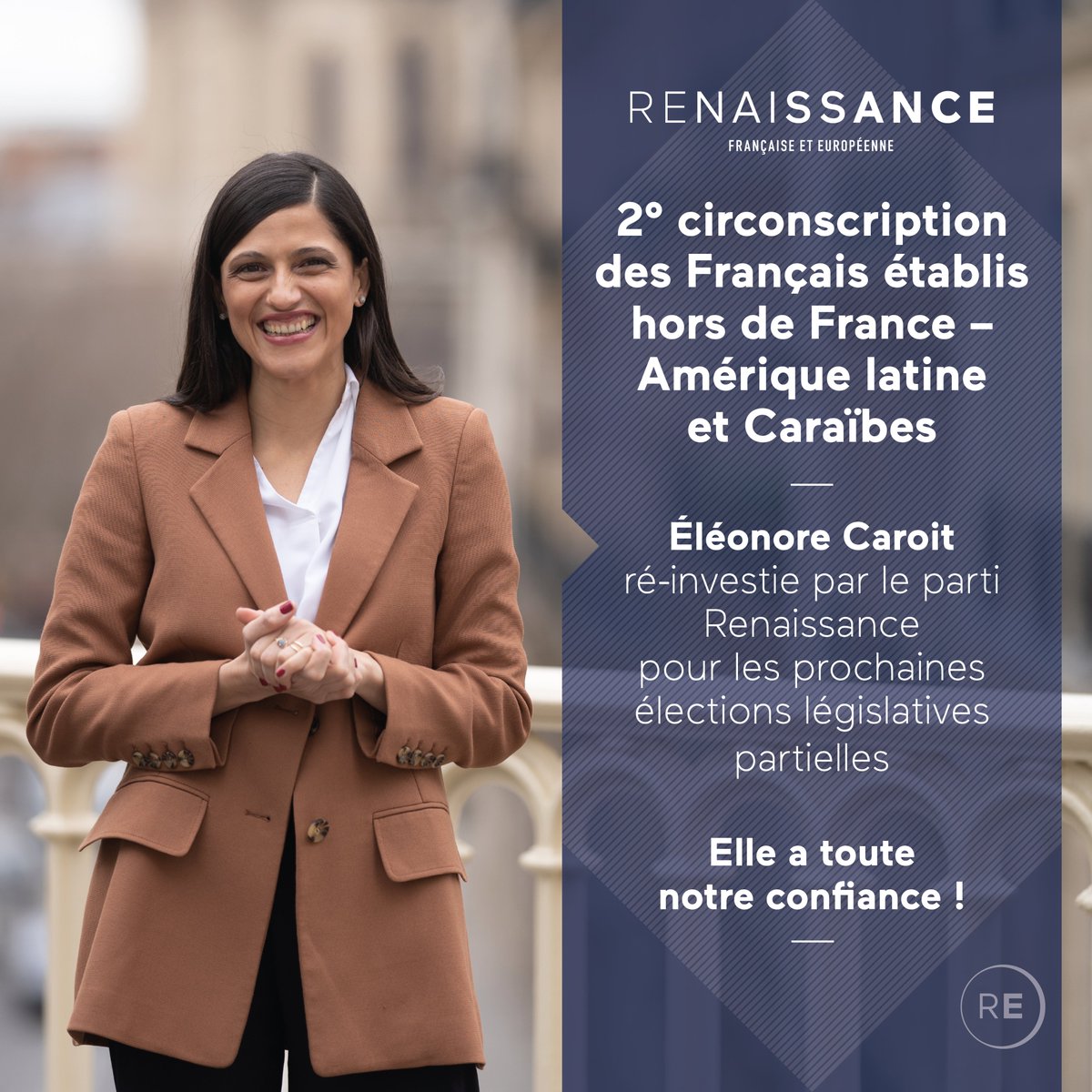 Renaissance's tweet photo. Pour les élections législatives partielles en Amérique latine et pour les Caraïbes, Renaissance apporte tout son soutien à @CaroitEleonore ! 

Français de l'étranger, les samedis 1er et 15 avril, nous comptons sur vous ! https://t.co/9QA8JXXxdB