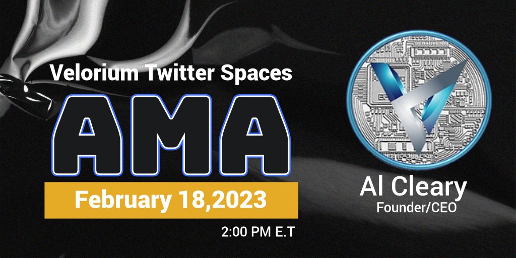 VeloriumCrypto's tweet photo. Come join us this Saturday the 18th at 2:00 PM E.T for a Q &amp; A with Founder/CEO of Velorium AL Cleary
@VeloriumCrypto @Jman350Z @Timothy69405199 @Alex15921234 @EdwardVinson18 @MichaelCornwell @WadiCryptoHunt @__Chaka___ @Magicraig1 #velorium @AuzsomeAustin https://t.co/TzG65BWvSr