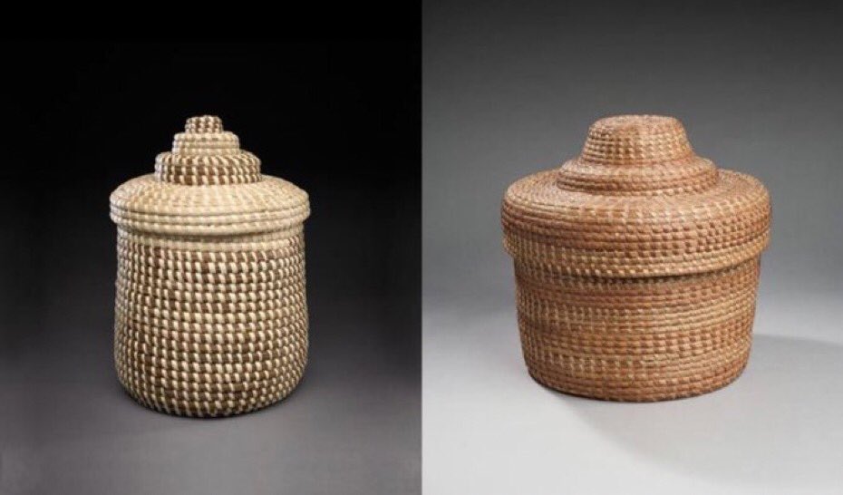 The coil basket on your left was made by a Gullah Geechee woman in the South Carolina Lowcountry. The one on your right was made in the Kongo Kingdom—which included parts of what is now Angola, Gabon, the Republic of the Congo, and the DRC.