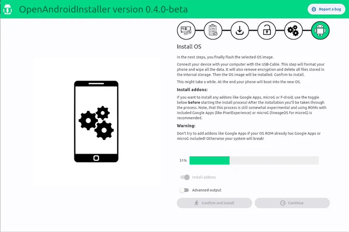 The install view of the openandroidinstaller now supports adding addons.