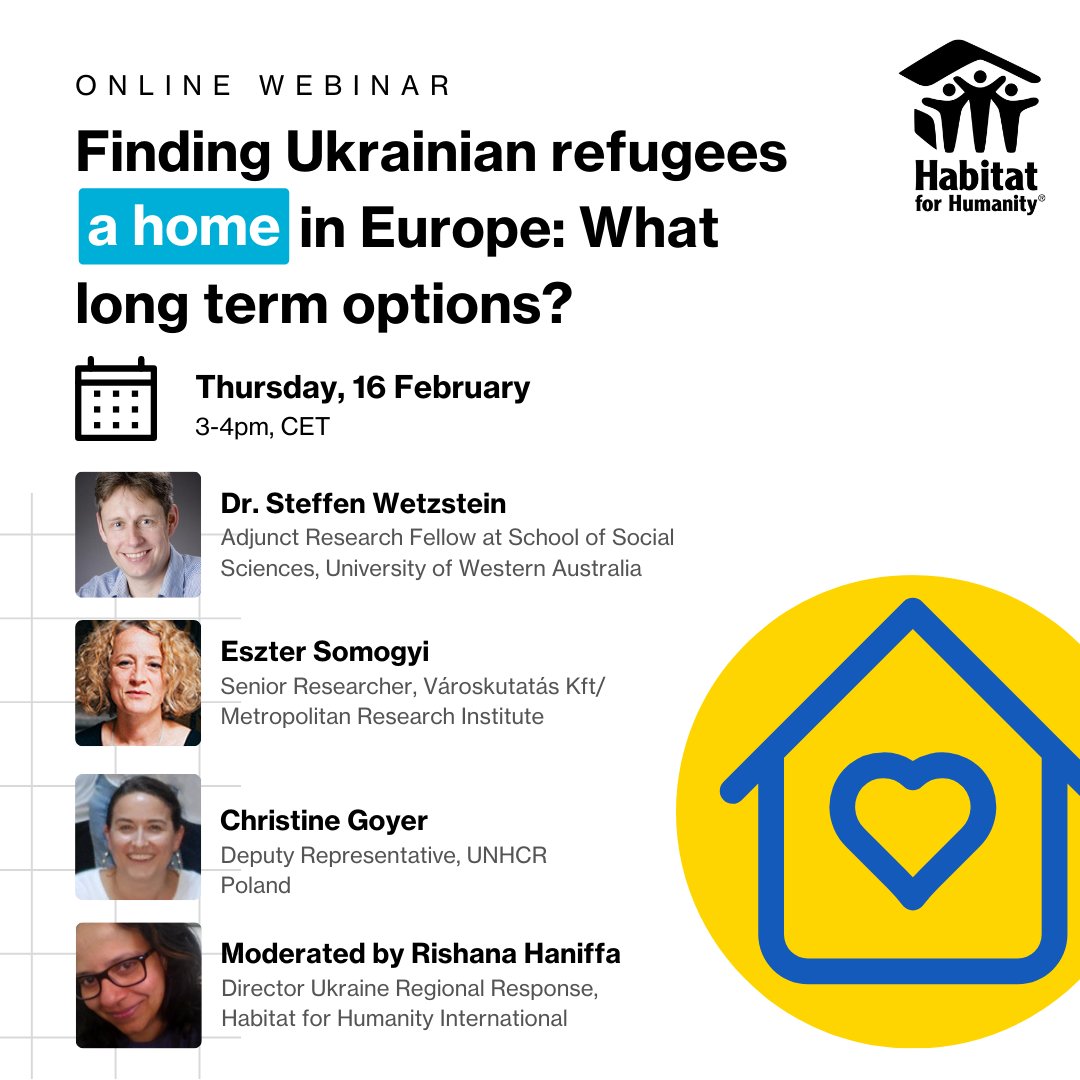 Habitat for Humanity Europe & Middle East (@habitat_eme) on Twitter photo STARTING SOON: Join us at 3pm CET for the online launch of the Metropolitan Research Institute study on long-term housing of Ukrainian refugees in Europe.
Click here⬇️
…tatforhumanitypoland.clickmeeting.com/269766777/regi…
<a href="/HabitatPL/">Habitat Poland</a> <a href="/uwanews/">UWA</a> <a href="/EszterSomogyi1/">Eszter Somogyi</a> <a href="/GoyerChristine/">Christine Goyer</a> <a href="/UNHCRPoland/">UNHCR Polska</a> STARTING SOON: Join us at 3pm CET for the online launch of the Metropolitan Research Institute study on long-term housing of Ukrainian refugees in Europe.
Click here⬇️
…tatforhumanitypoland.clickmeeting.com/269766777/regi…
<a href="/HabitatPL/">Habitat Poland</a> <a href="/uwanews/">UWA</a> <a href="/EszterSomogyi1/">Eszter Somogyi</a> <a href="/GoyerChristine/">Christine Goyer</a> <a href="/UNHCRPoland/">UNHCR Polska</a>